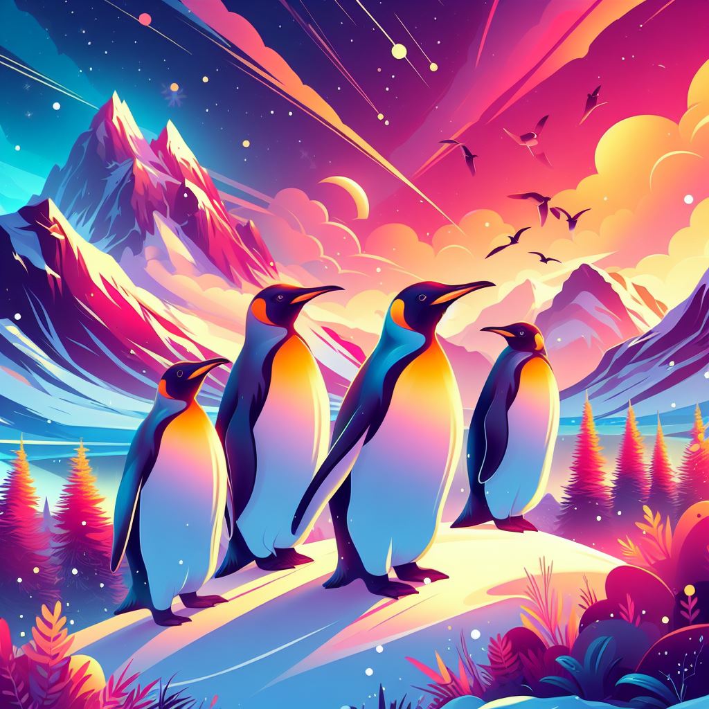ペンギン　深度を持たせた鮮やかな色彩　丘の上に立っている