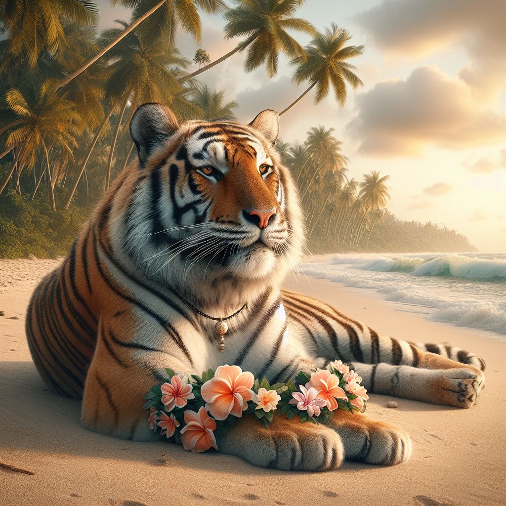 ハワイのビーチにいるトラ