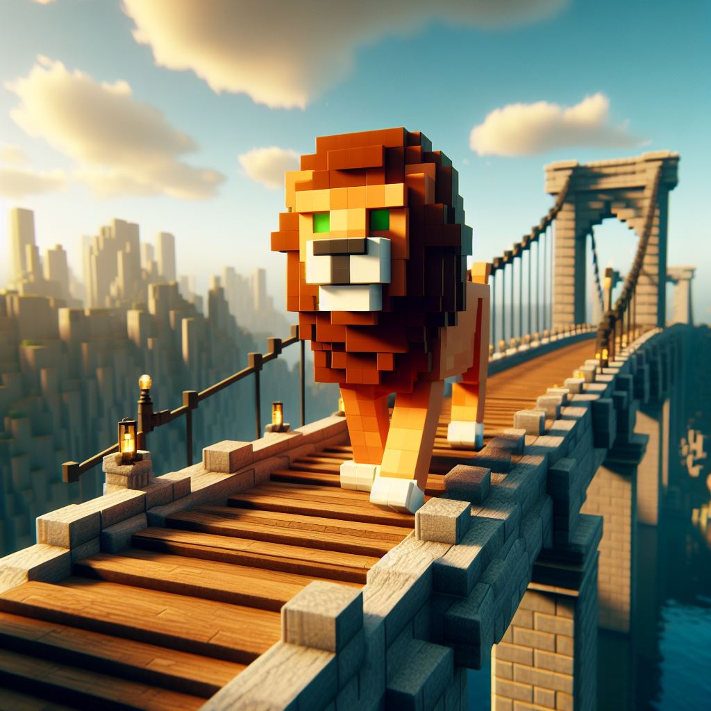 橋を渡っているライオン　マインクラフトのようなキャラクター　